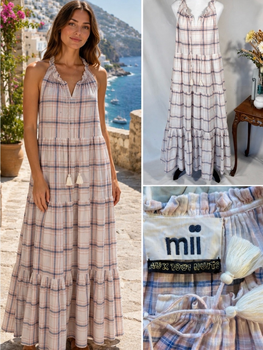 Mii Aux 1001 Nuits Plaid Tiered Maxi Dress Tassel Boho Resort Pink Blue Sz L🧡
